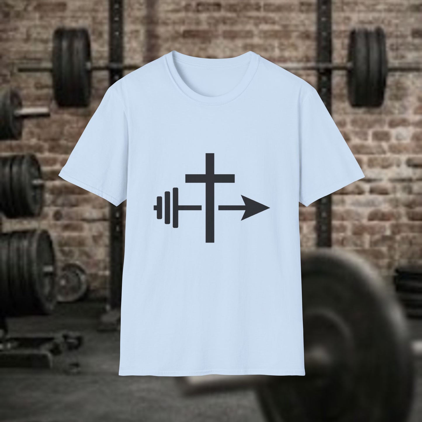 Christian Workout Shirt: Cross, Barbell and Arrow  Minimalist Christian Tee