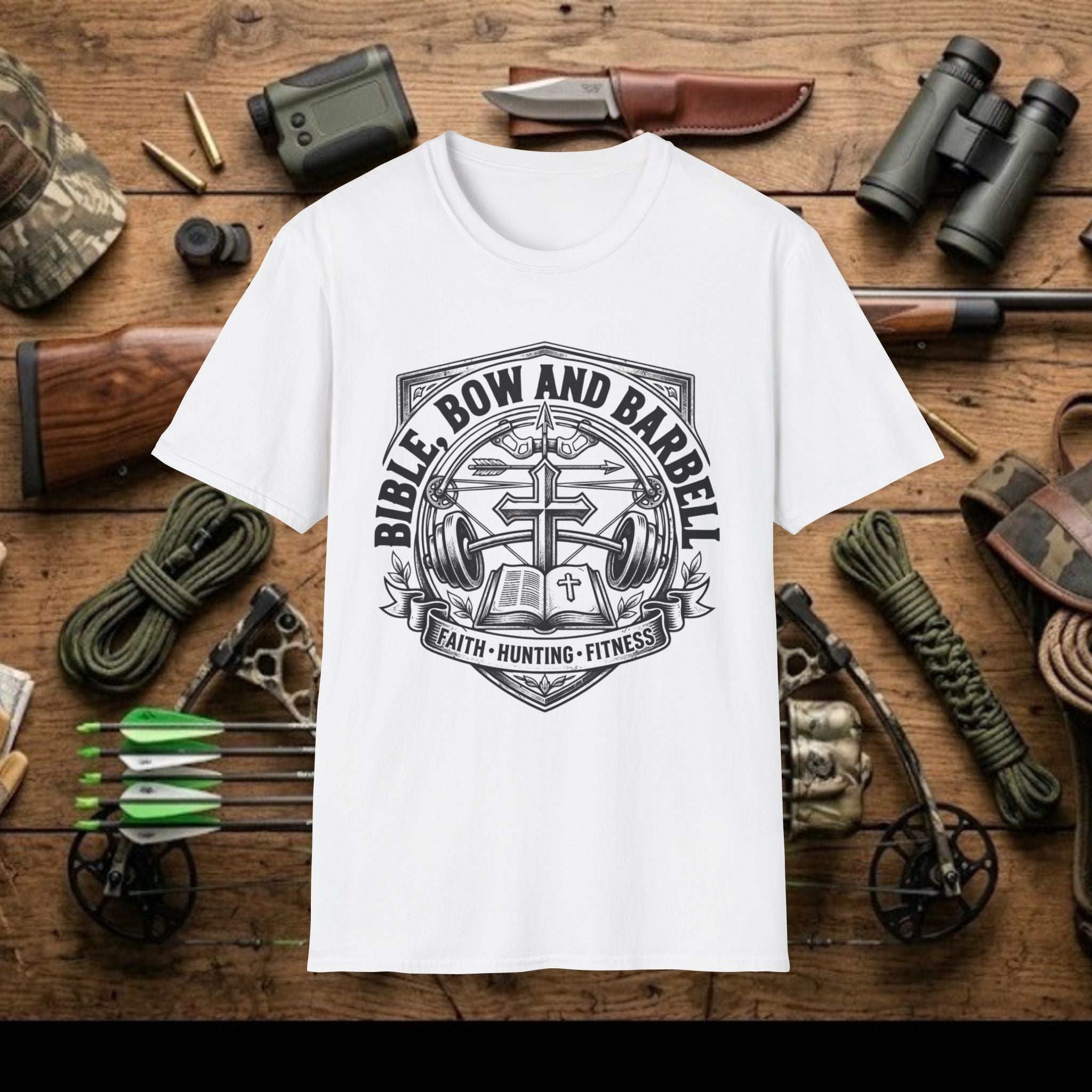 Bible Bow and Barbell Emblem T-Shirt | Fitness Crossed Barbell Logo