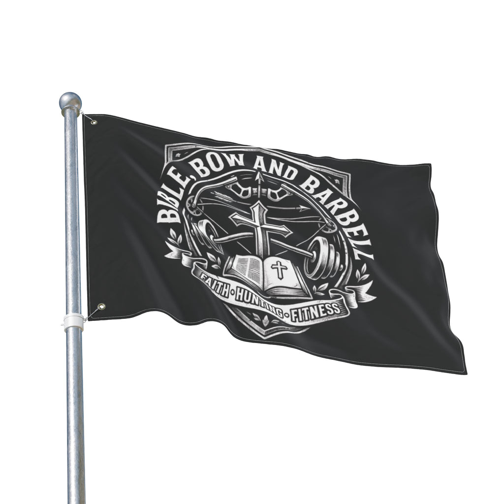 Bible Bow and Barbell emblem Flag | Double-Sided Christian Hunting Fitness Banner