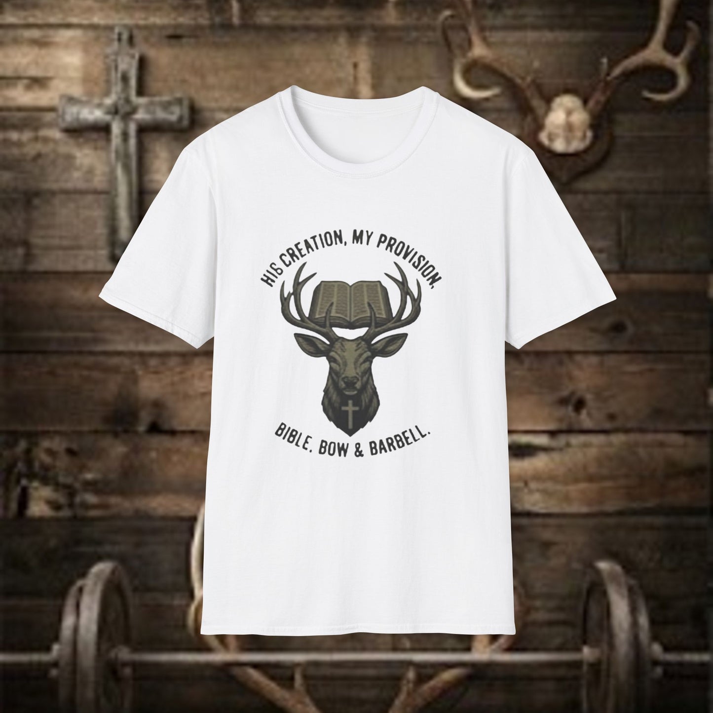Bible, Bow & Barbell T‑Shirt — “His Creation, My Provision” Deer Antler Faith Fitness Tee
