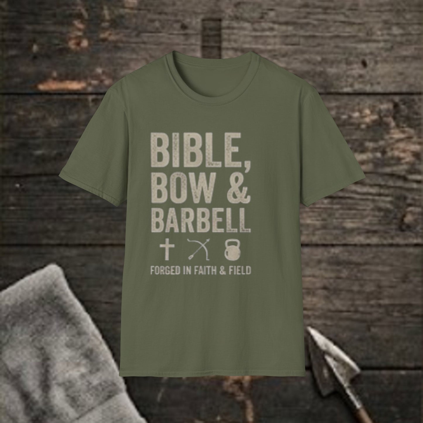 Bible, Bow & Barbell T‑Shirt — Christian Workout  Tee