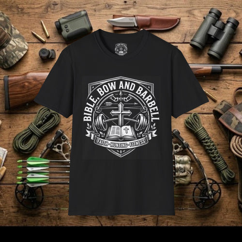 Bible Bow and Barbell Emblem T-Shirt | Fitness Crossed Barbell Logo