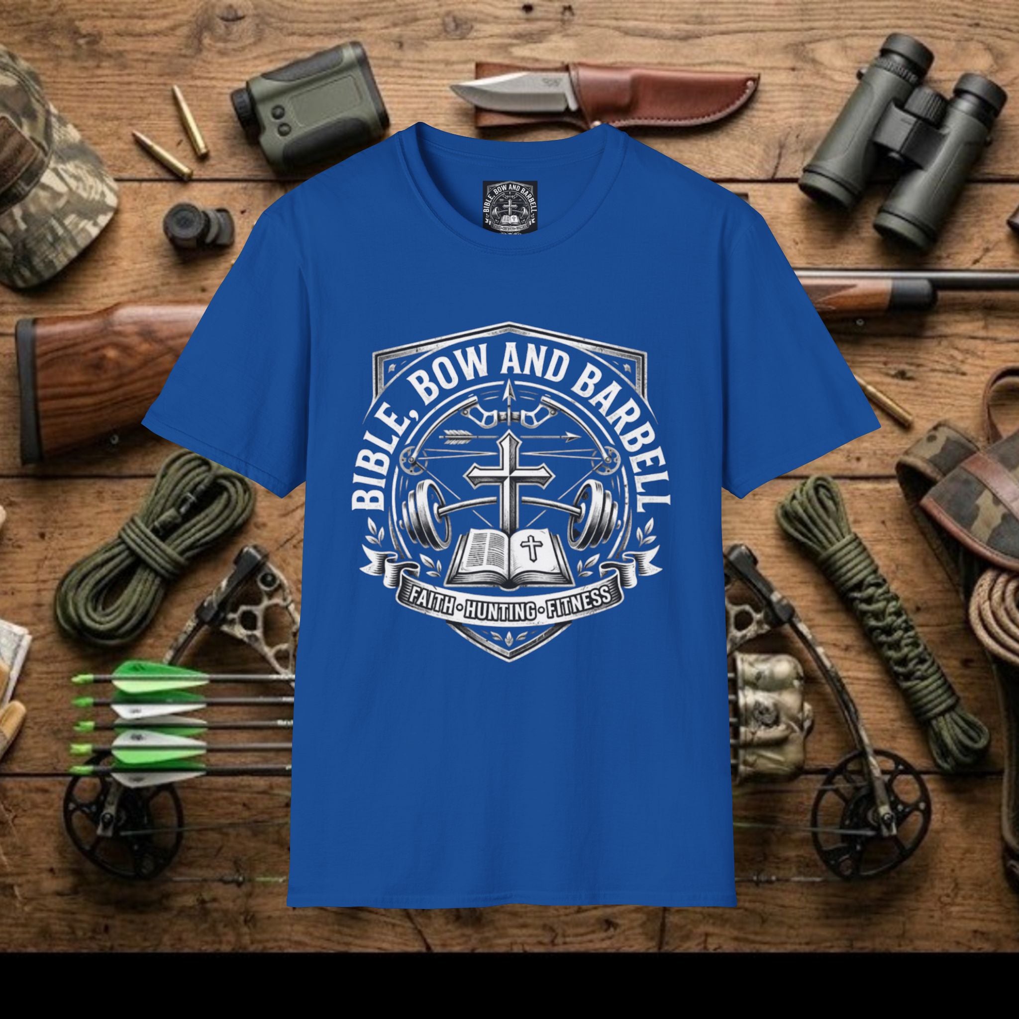 Bible Bow and Barbell Emblem T-Shirt | Fitness Crossed Barbell Logo