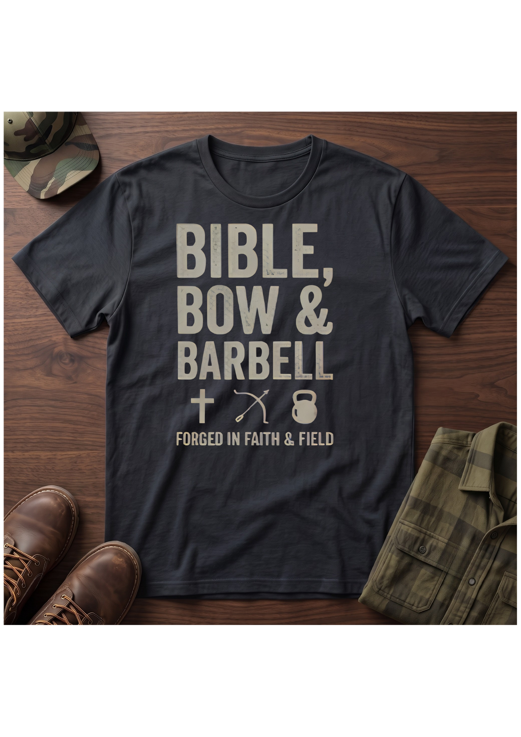 Bible, Bow & Barbell Forged in Faith and Field T-Shirt