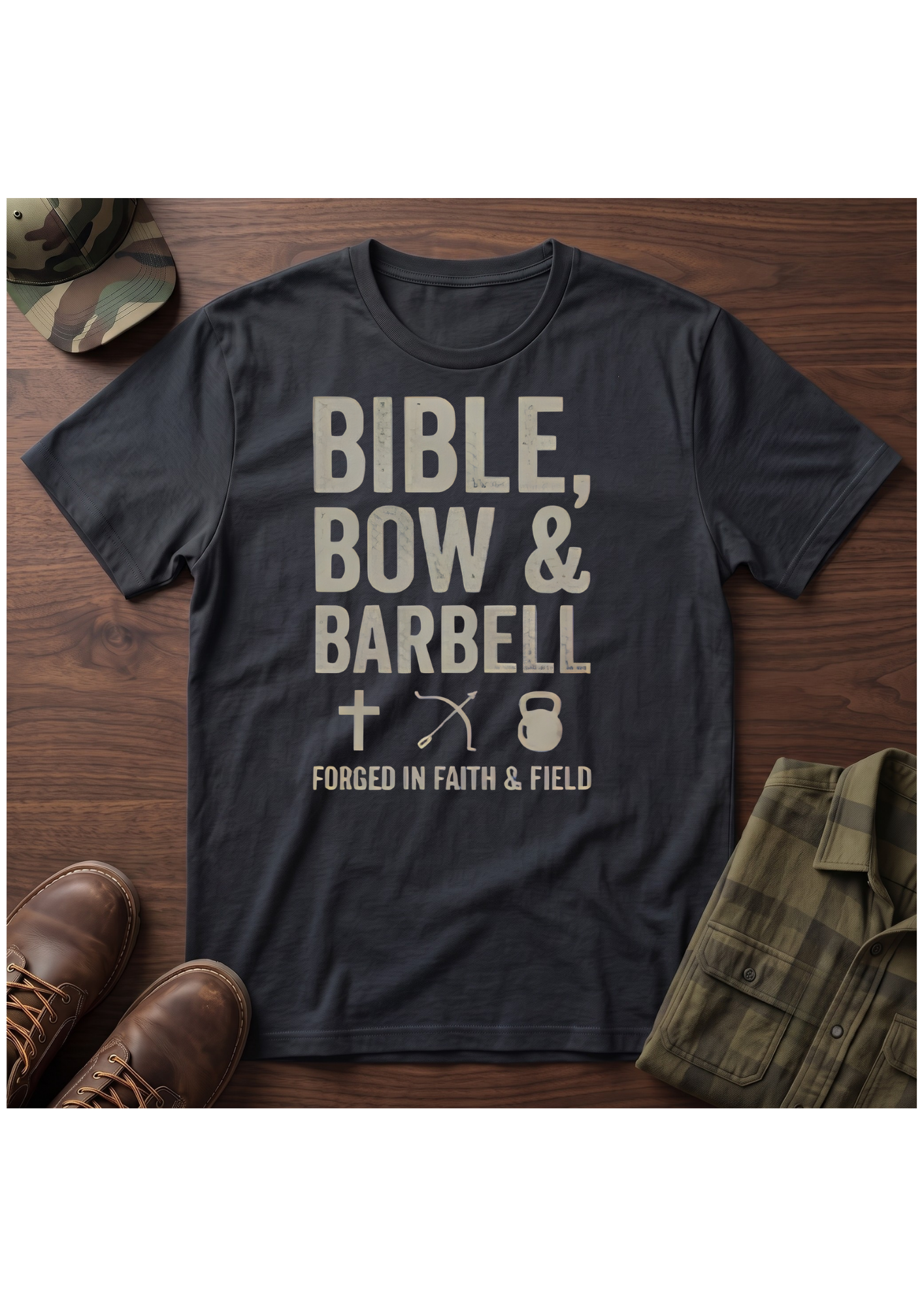 Bible, Bow & Barbell Forged in Faith and Field T-Shirt