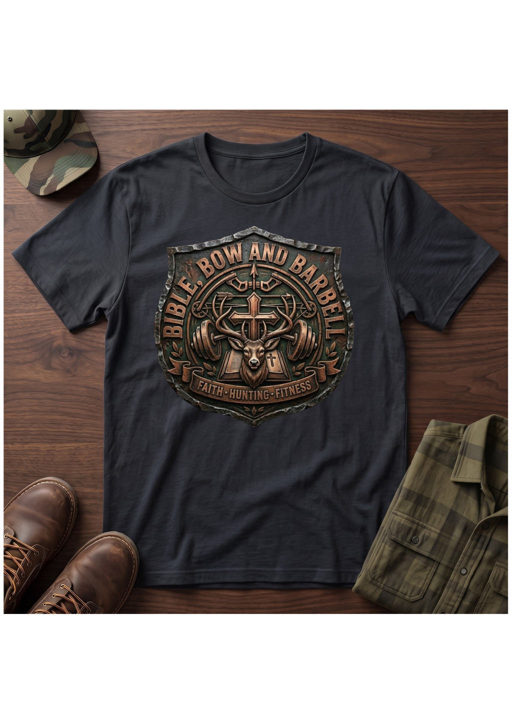 Bible, Bow and Barbell Buck Shield T-Shirt