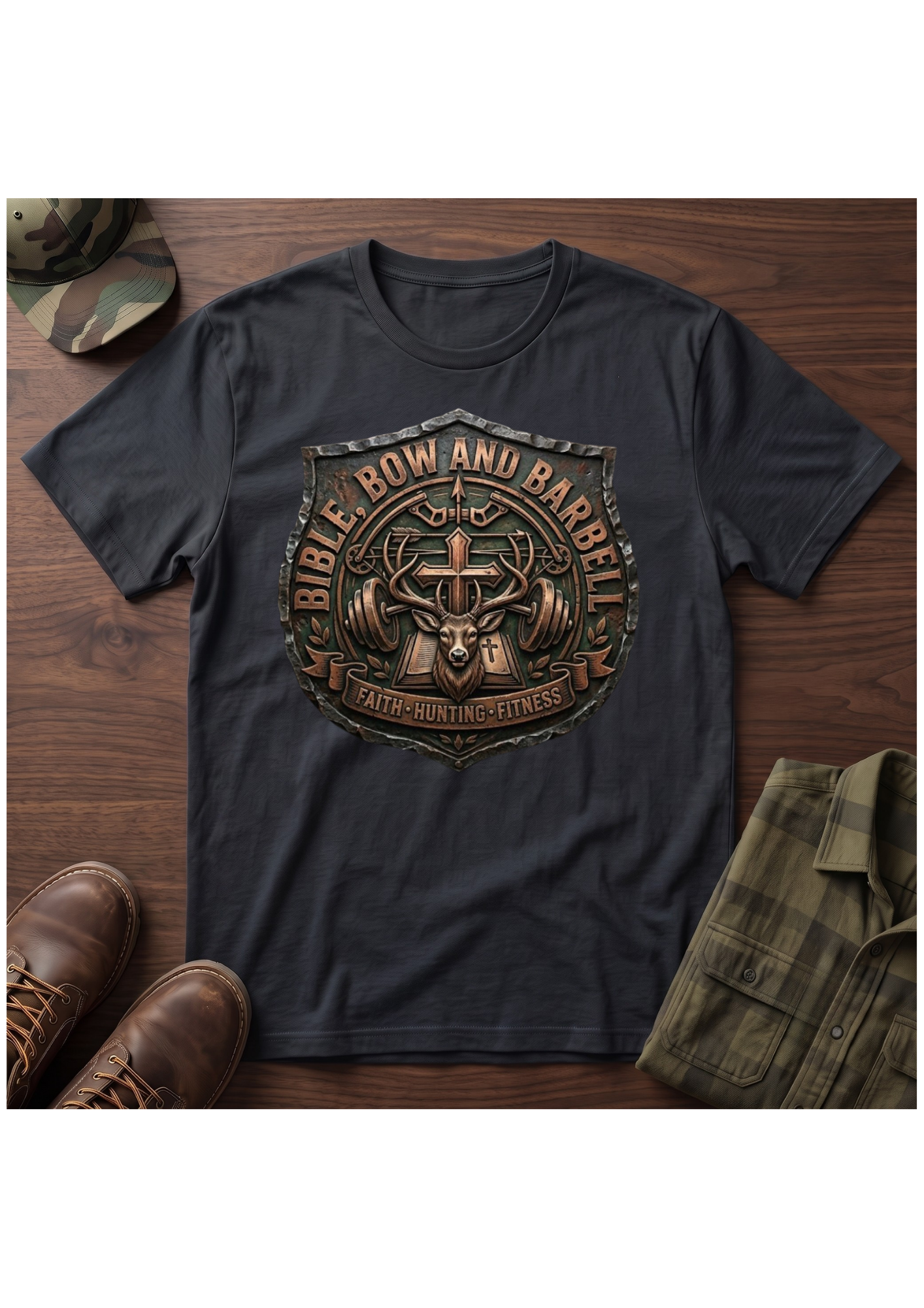 Bible, Bow and Barbell Buck Shield T-Shirt