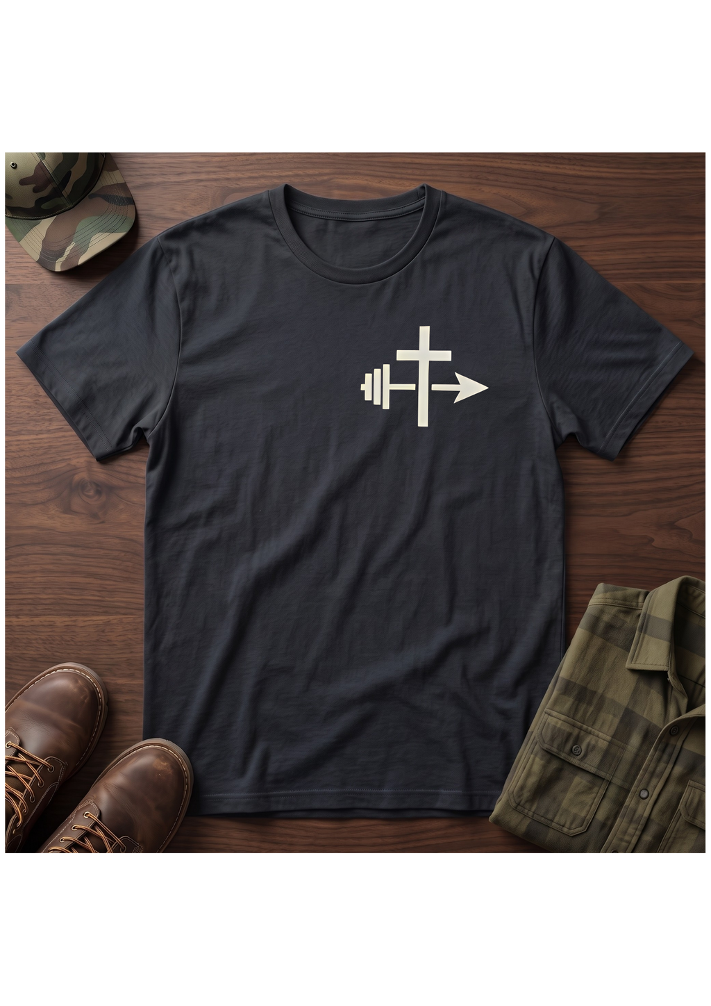 Cross and Barbell Chest Logo Only T-Shirt | Faith Fitness Tee