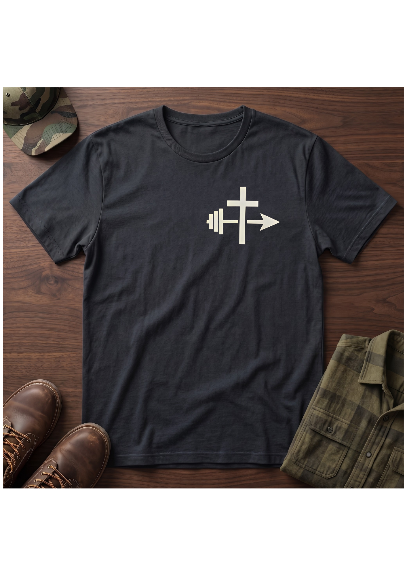 Cross and Barbell Chest Logo Only T-Shirt | Faith Fitness Tee