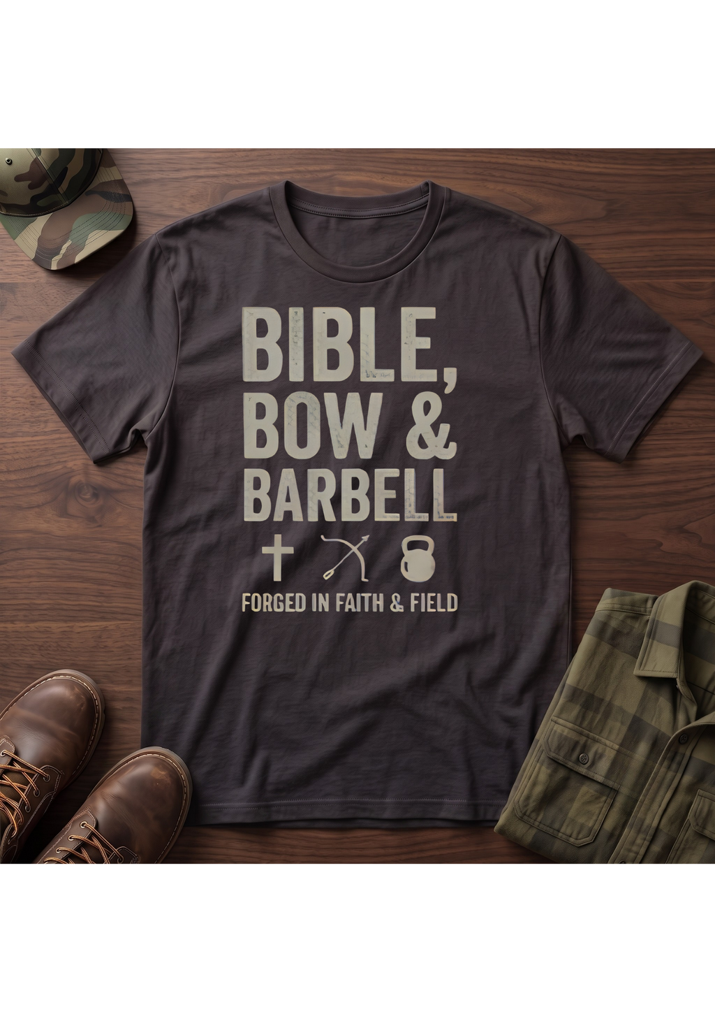 Bible, Bow & Barbell Forged in Faith and Field T-Shirt