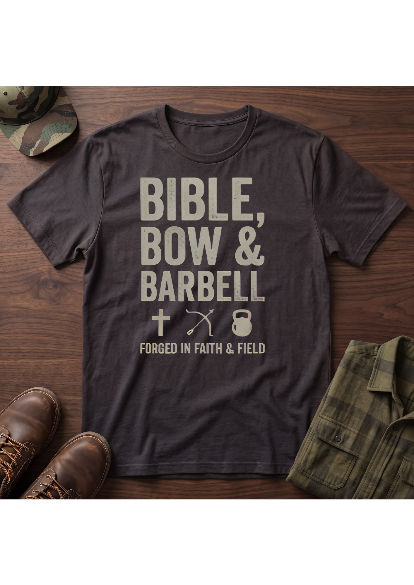 Bible, Bow & Barbell Forged in Faith and Field T-Shirt