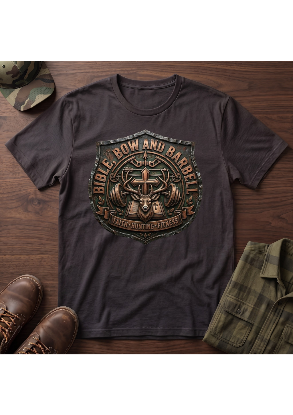 Bible, Bow and Barbell Buck Shield T-Shirt