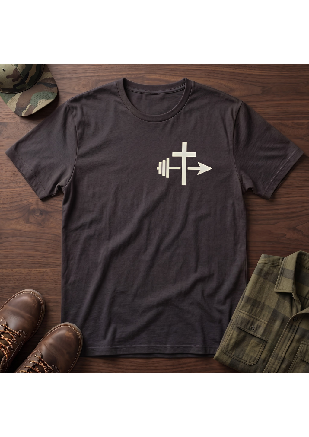 Cross and Barbell Chest Logo Only T-Shirt | Faith Fitness Tee