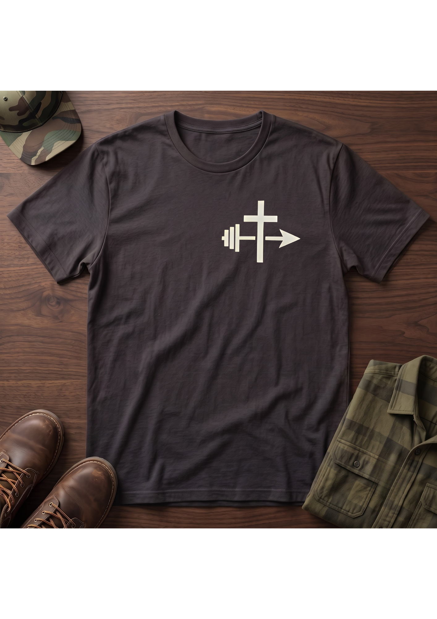 Cross and Barbell Chest Logo Only T-Shirt | Faith Fitness Tee