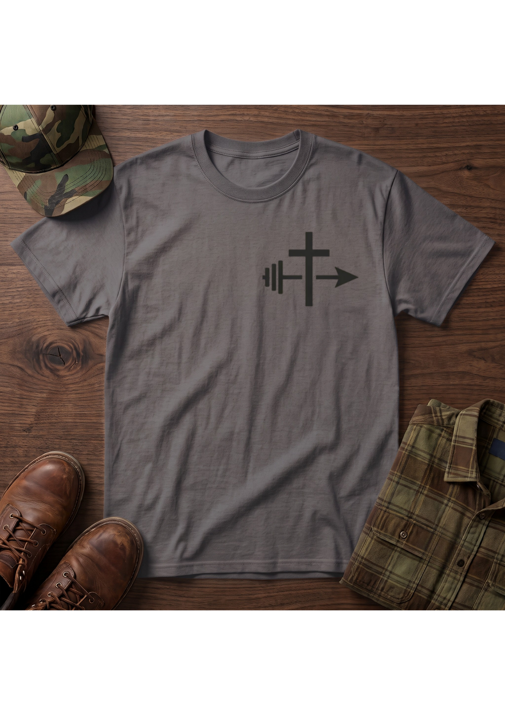 Cross and Barbell Chest Logo Only T-Shirt | Faith Fitness Tee