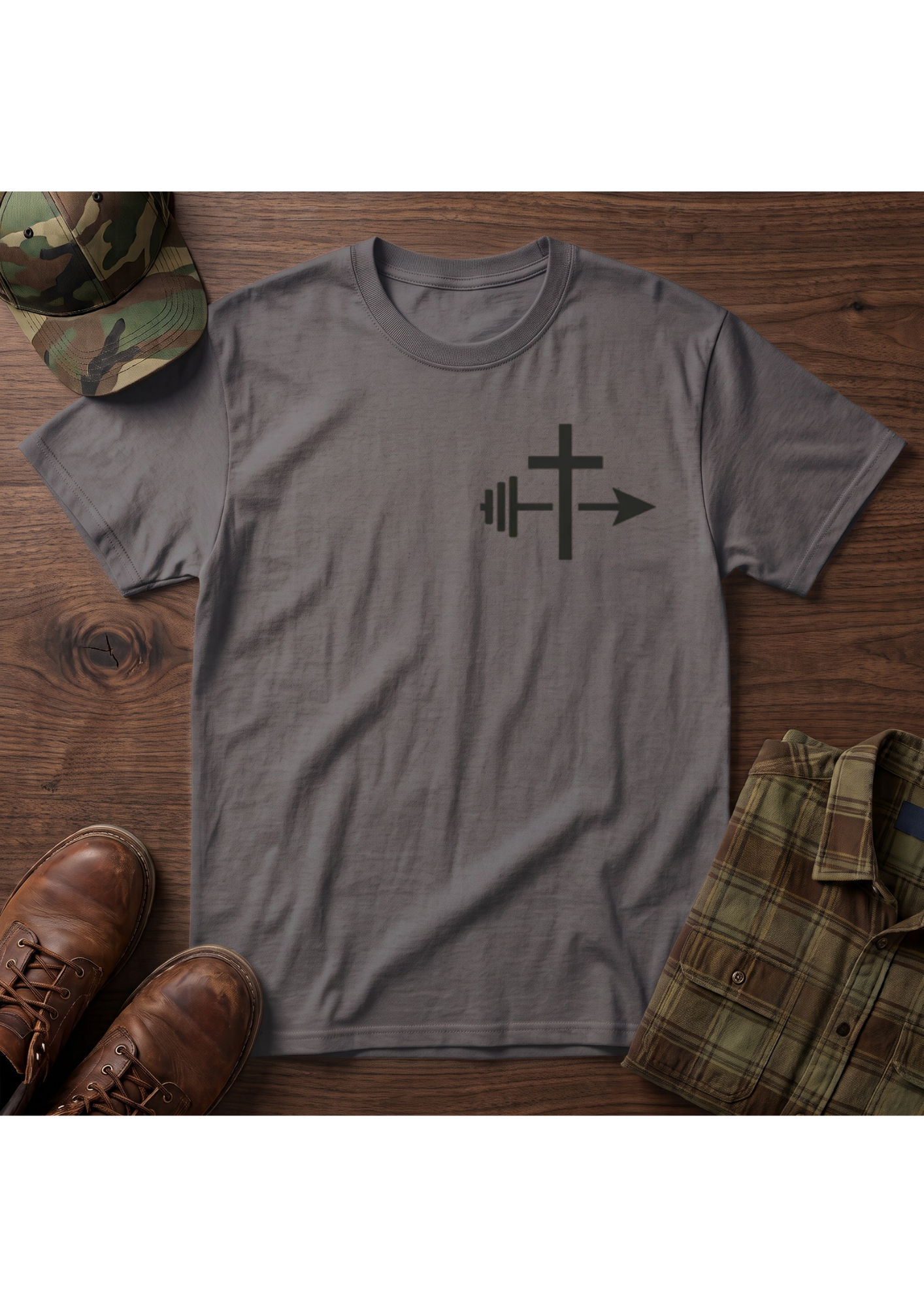 Cross and Barbell Chest Logo Only T-Shirt | Faith Fitness Tee