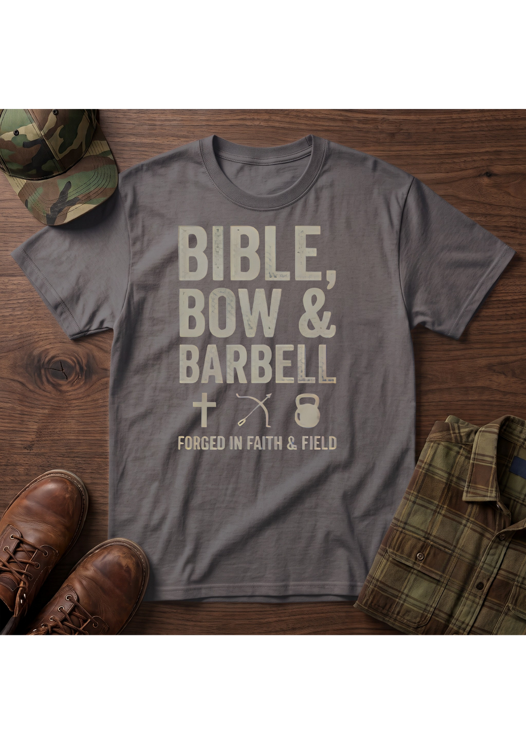 Bible, Bow & Barbell Forged in Faith and Field T-Shirt