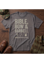 Bible, Bow & Barbell Forged in Faith and Field T-Shirt
