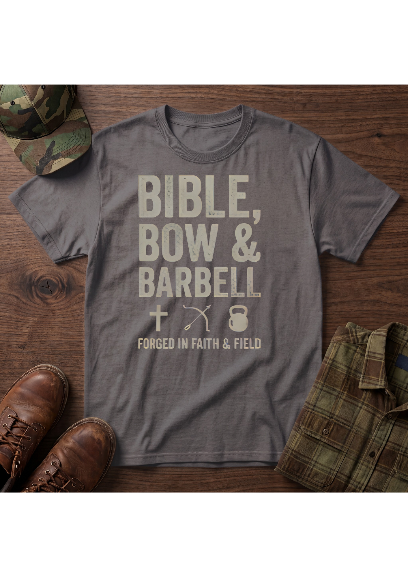 Bible, Bow & Barbell Forged in Faith and Field T-Shirt