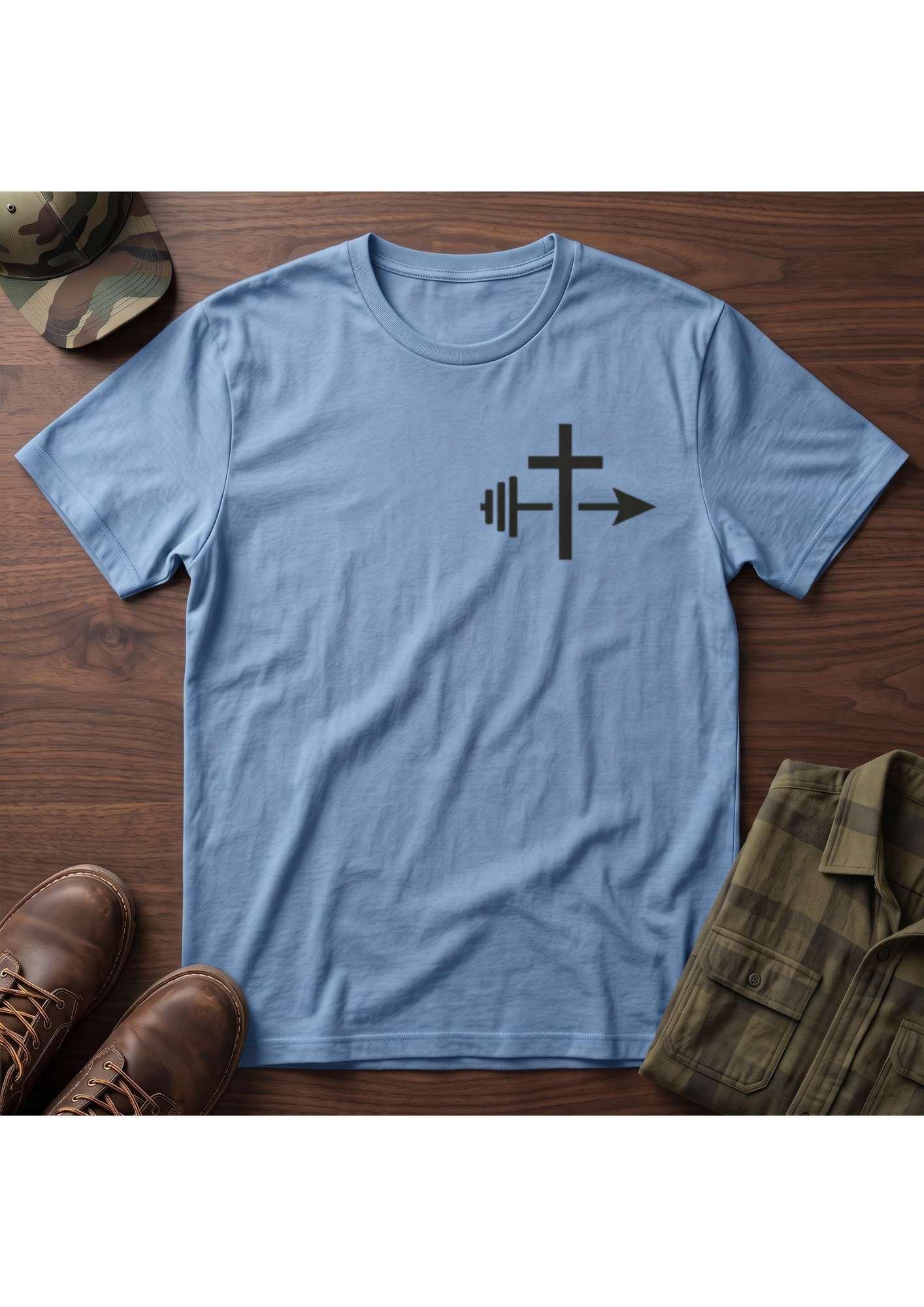 Cross and Barbell Chest Logo Only T-Shirt | Faith Fitness Tee