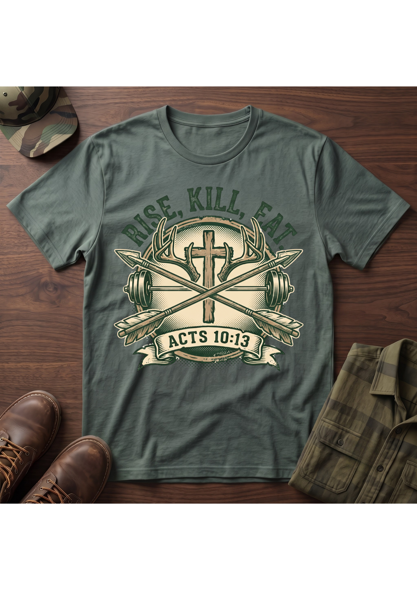 Rise, Kill, Eat Cross, Arrow and Barbell T-Shirt