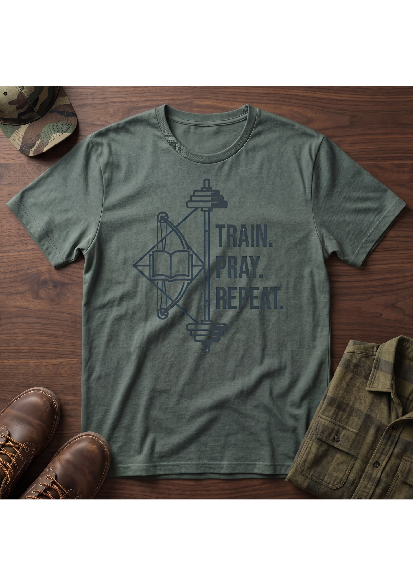 Train Pray Repeat Minimalist Cross T-Shirt