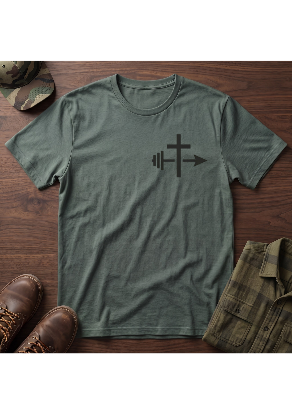 Cross and Barbell Chest Logo Only T-Shirt | Faith Fitness Tee