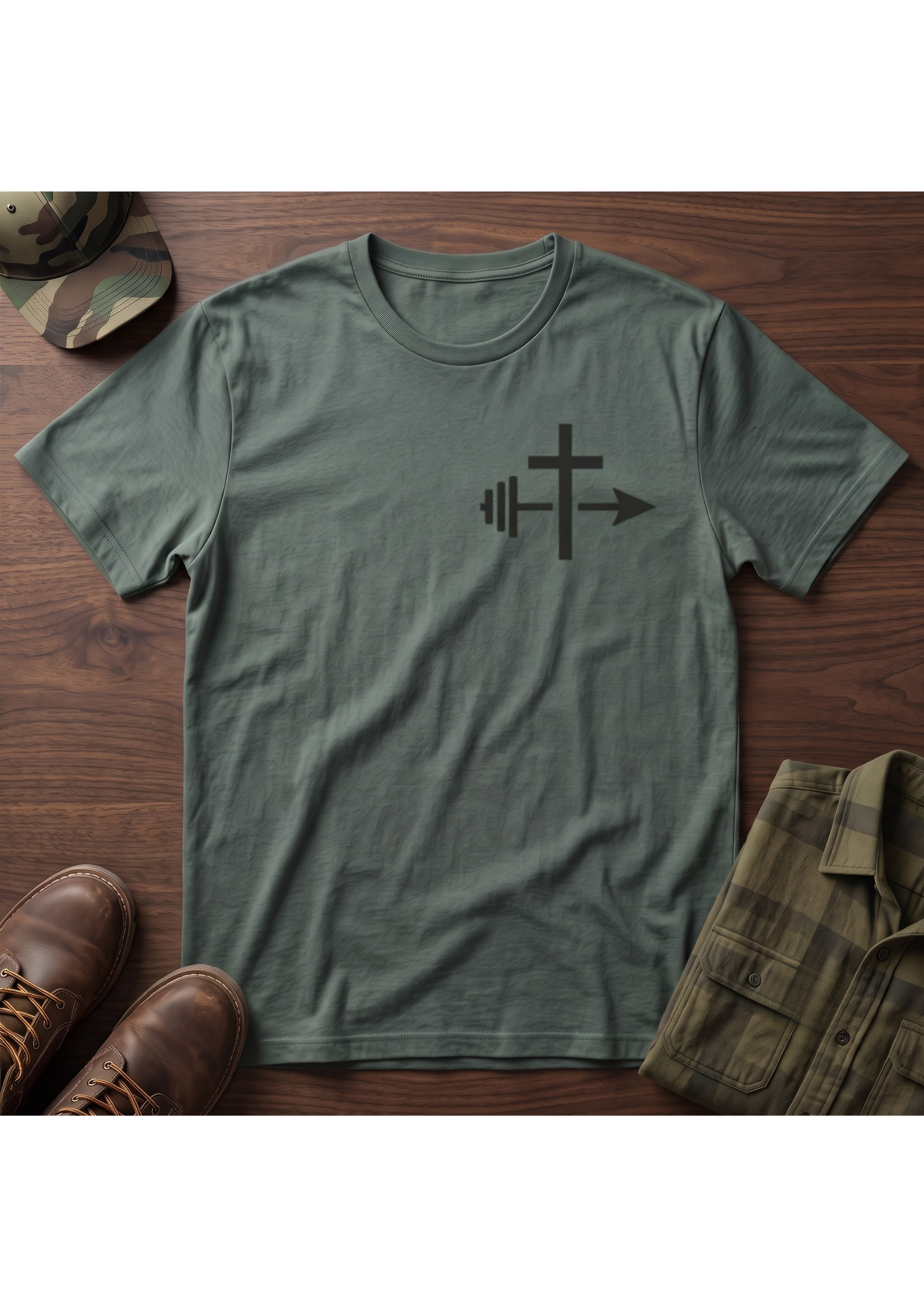 Cross and Barbell Chest Logo Only T-Shirt | Faith Fitness Tee