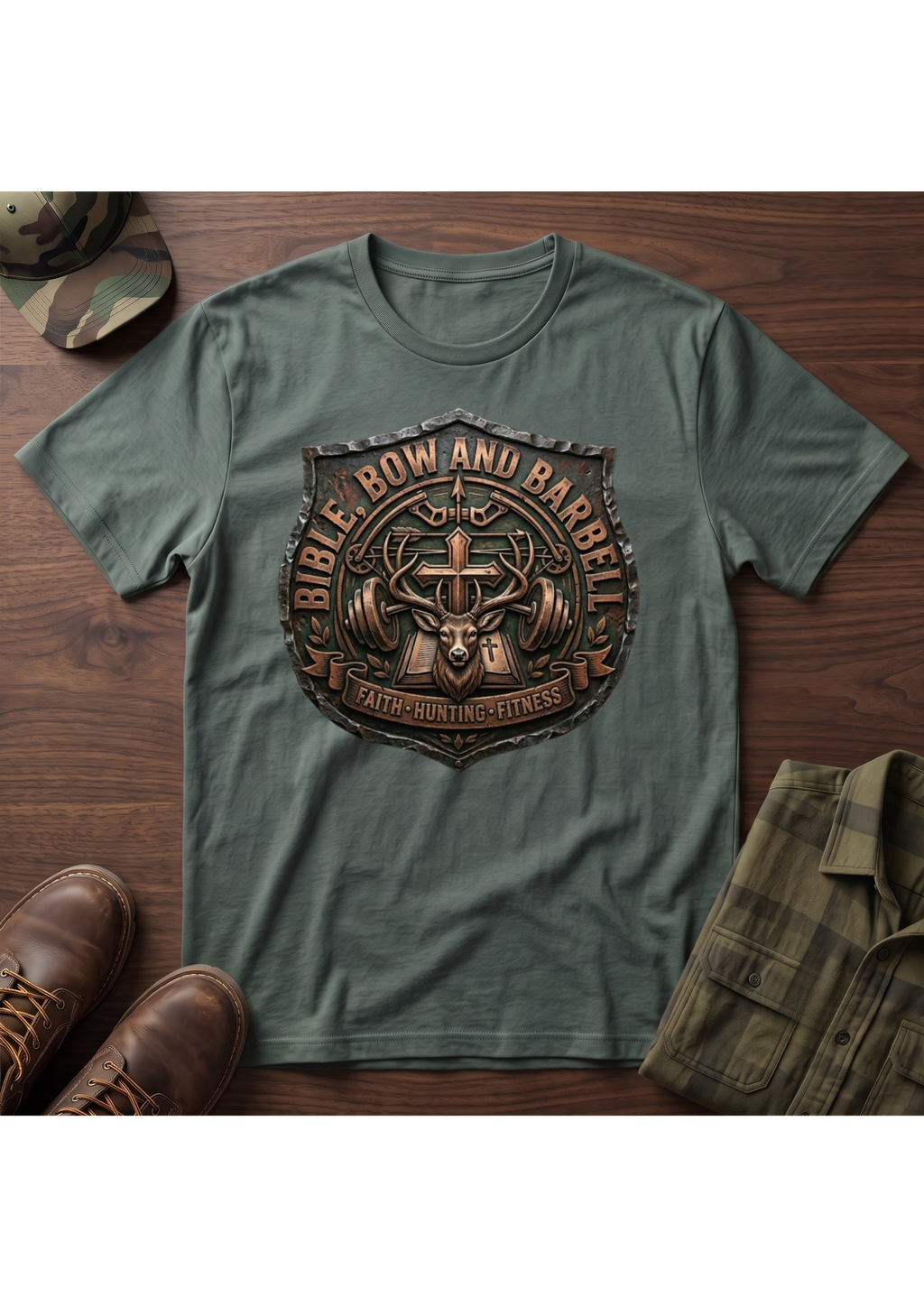 Bible, Bow and Barbell Buck Shield T-Shirt