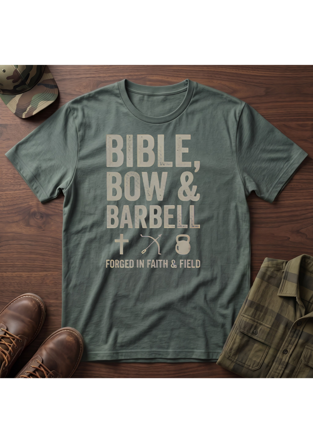 Bible, Bow & Barbell Forged in Faith and Field T-Shirt