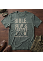 Bible, Bow & Barbell Forged in Faith and Field T-Shirt