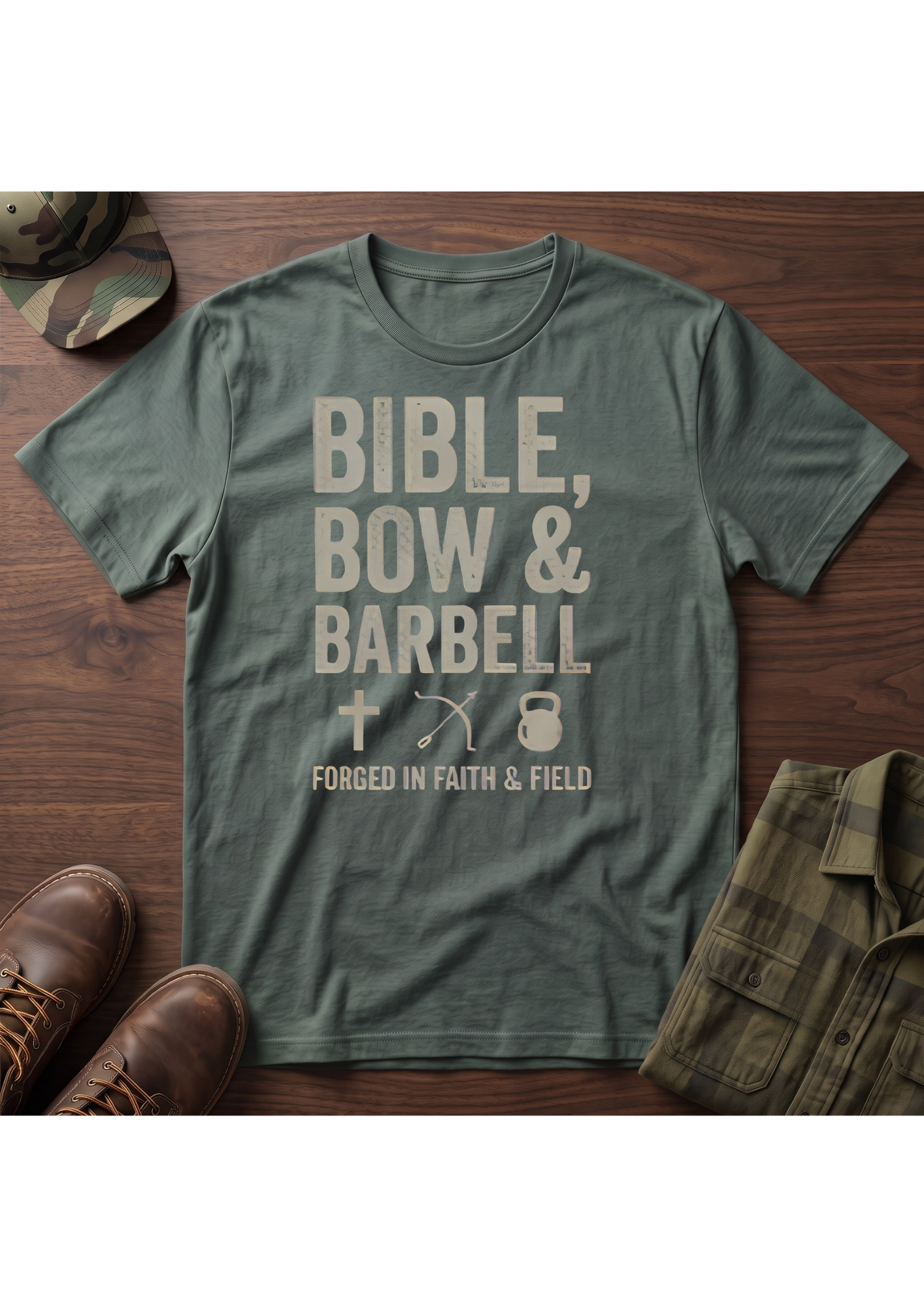 Bible, Bow & Barbell Forged in Faith and Field T-Shirt