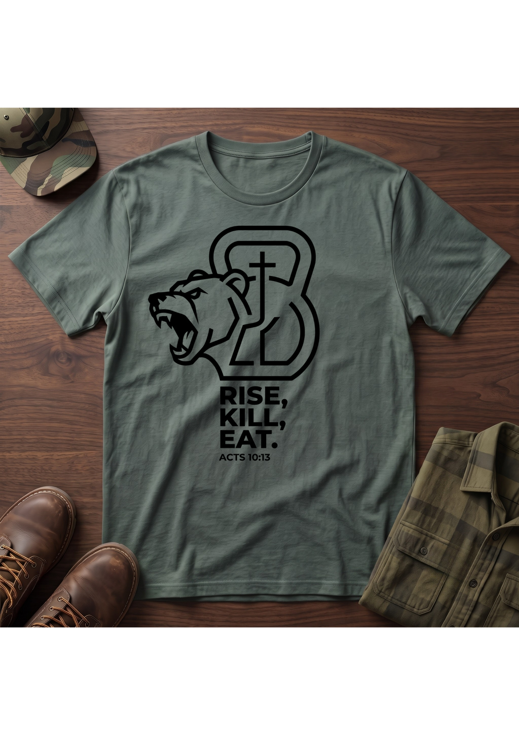 Rise, Kill, Eat. Cross, Bear and Kettlebell T-Shirt