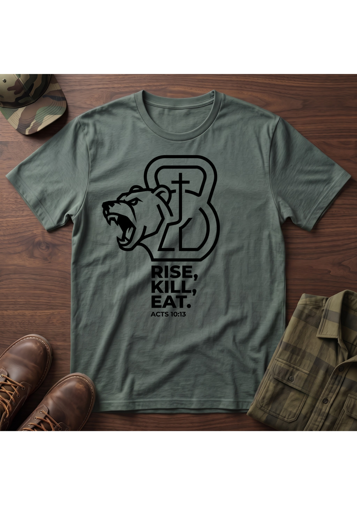 Rise, Kill, Eat. Cross, Bear and Kettlebell T-Shirt