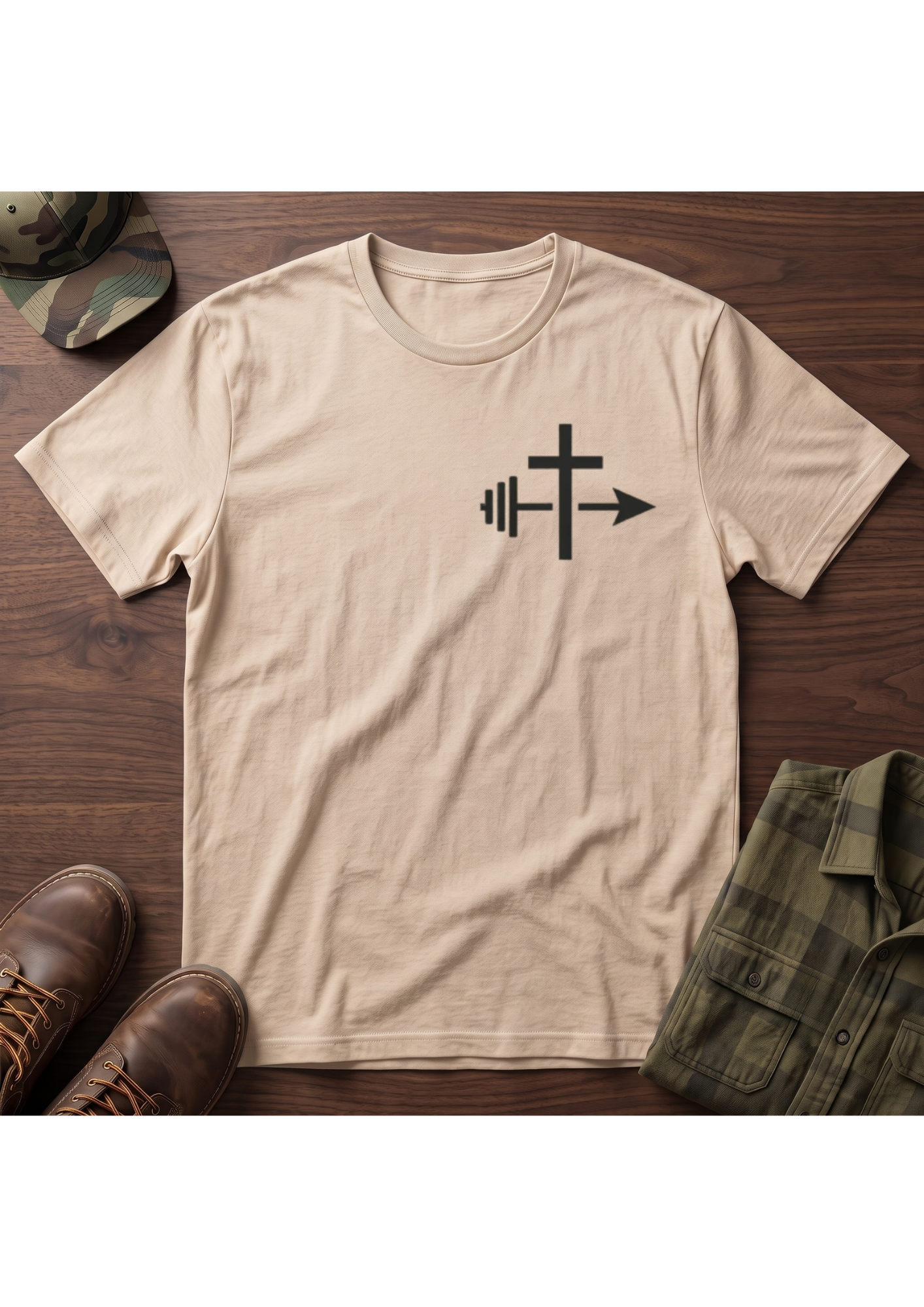 Cross and Barbell Chest Logo Only T-Shirt | Faith Fitness Tee