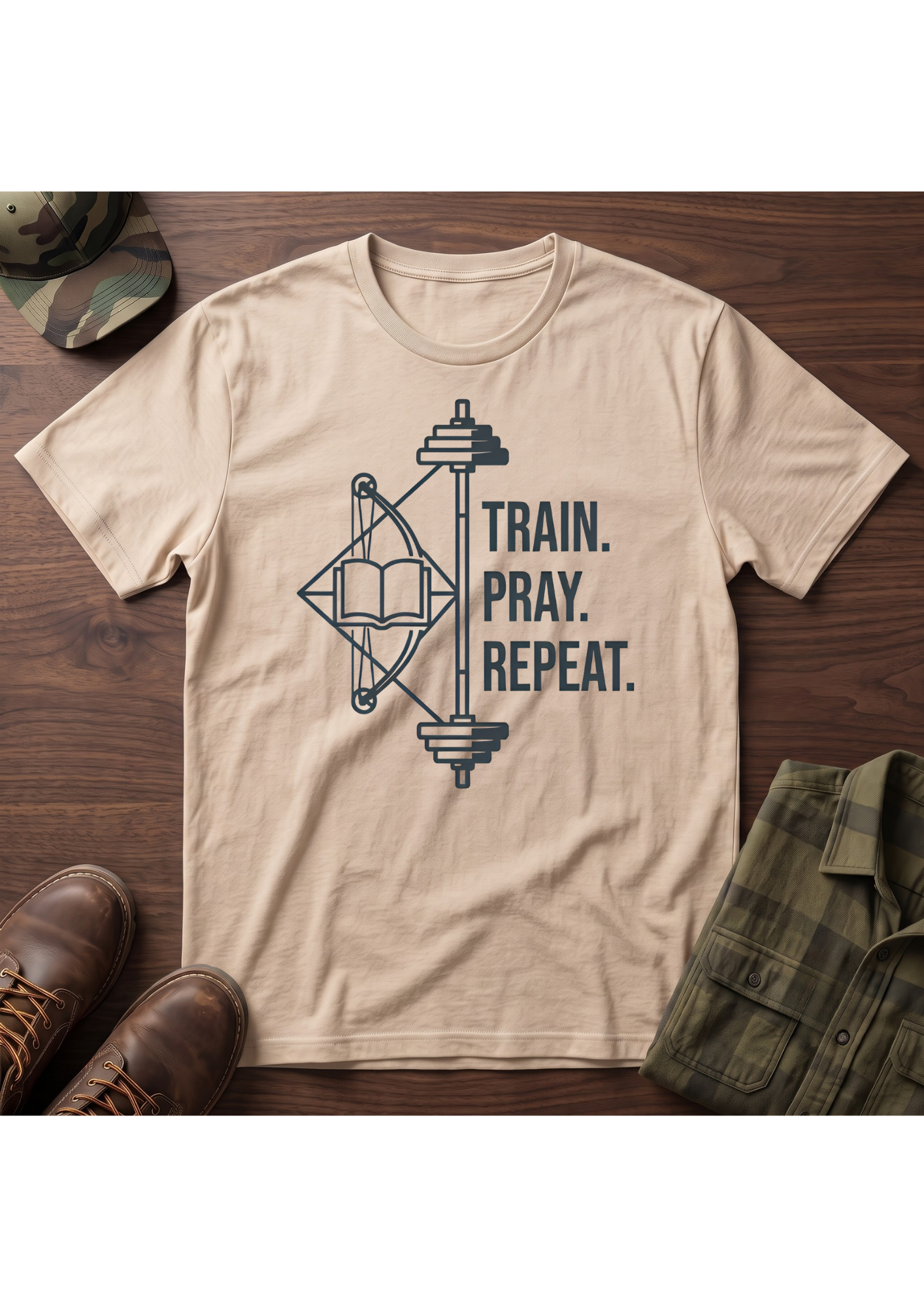 Train Pray Repeat Minimalist Cross T-Shirt