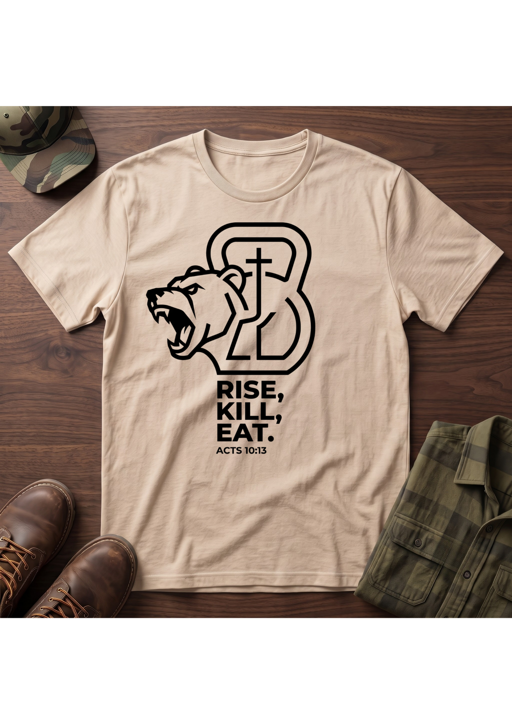 Rise, Kill, Eat. Cross, Bear and Kettlebell T-Shirt