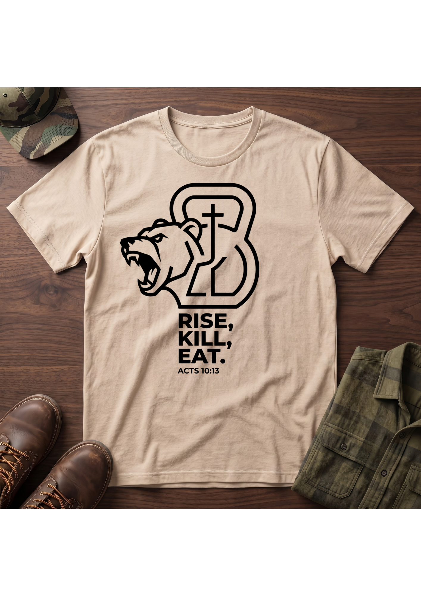 Rise, Kill, Eat. Cross, Bear and Kettlebell T-Shirt