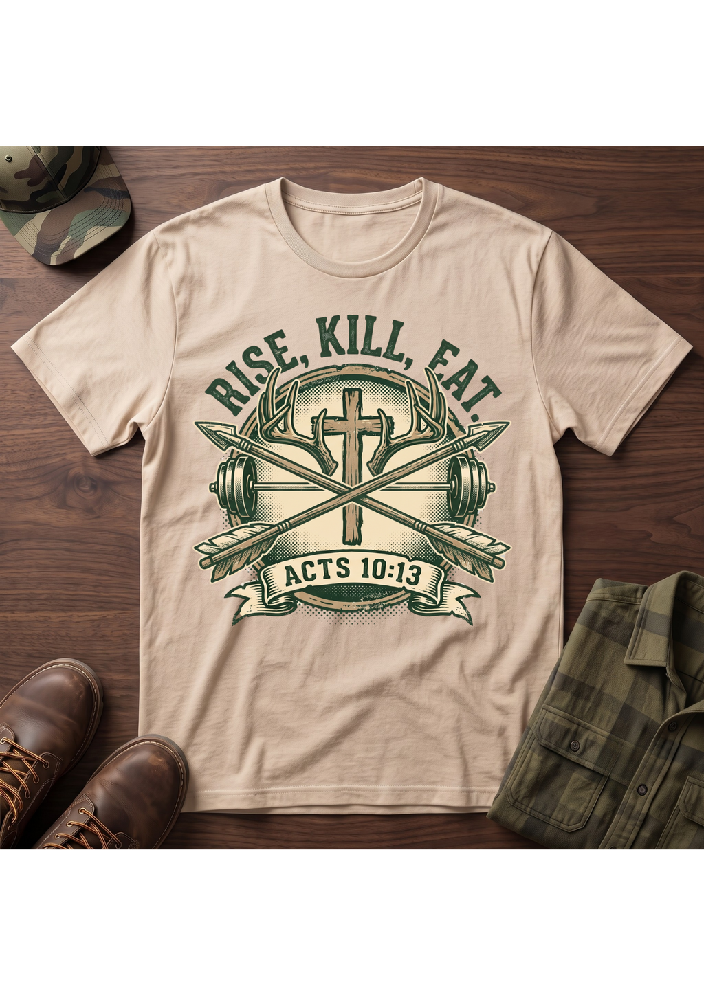 Rise, Kill, Eat Cross, Arrow and Barbell T-Shirt