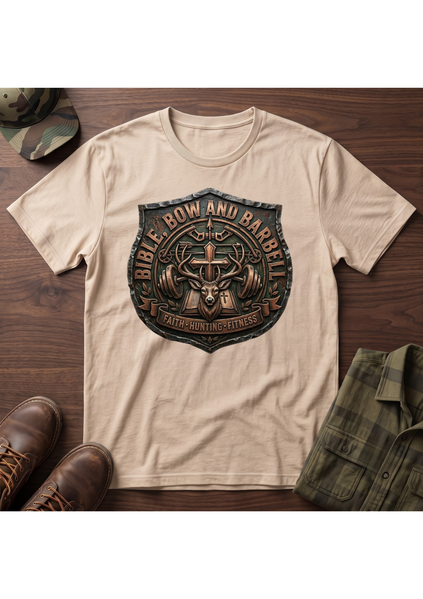 Bible, Bow and Barbell Buck Shield T-Shirt