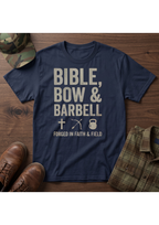 Bible, Bow & Barbell Forged in Faith and Field T-Shirt