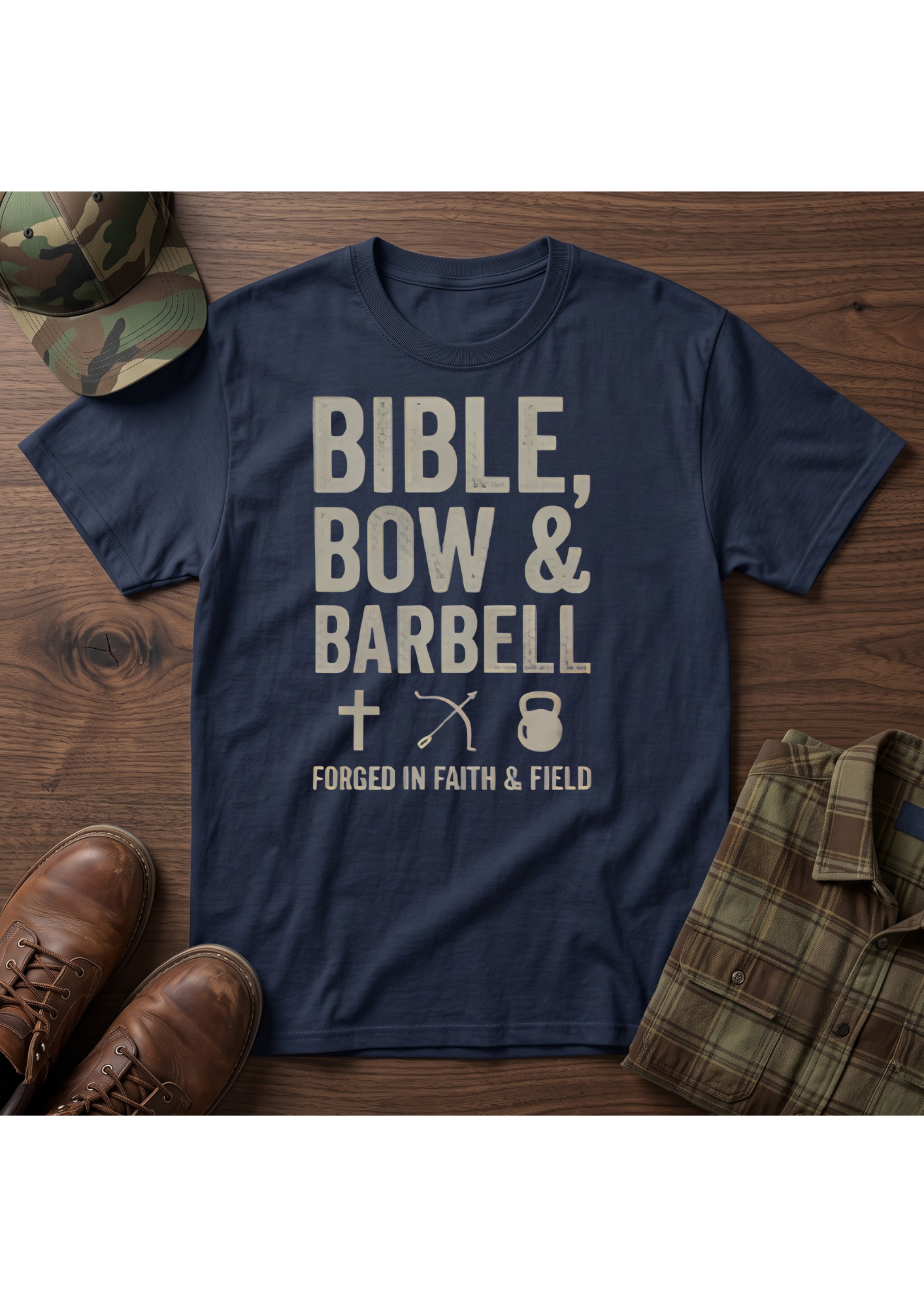 Bible, Bow & Barbell Forged in Faith and Field T-Shirt