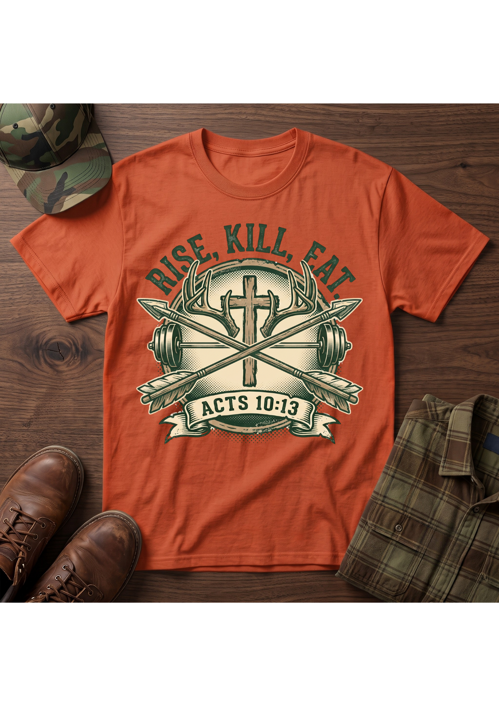 Rise, Kill, Eat Cross, Arrow and Barbell T-Shirt