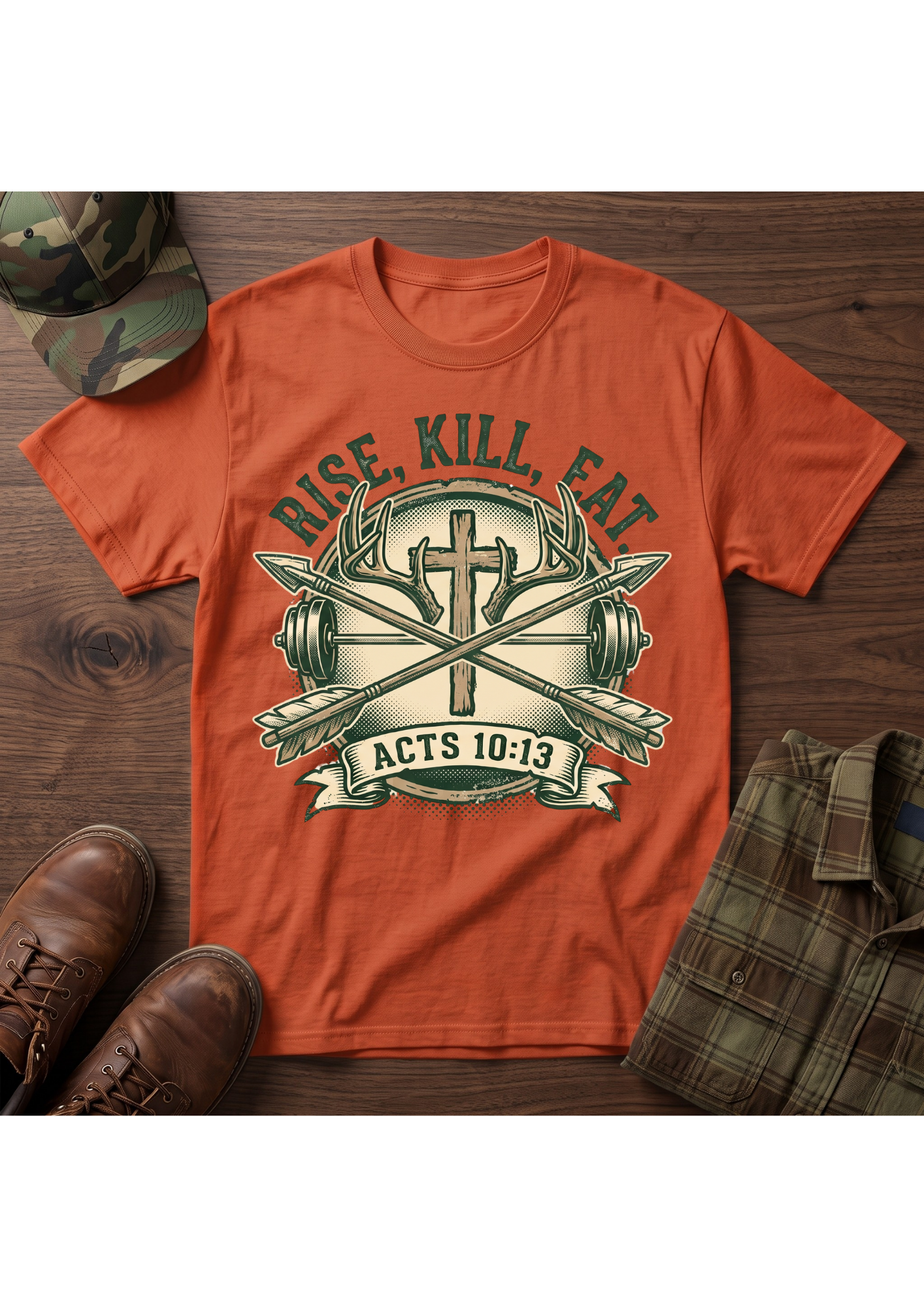 Rise, Kill, Eat Cross, Arrow and Barbell T-Shirt