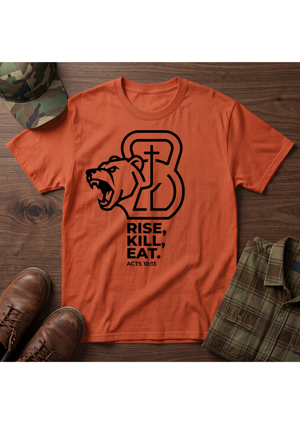 Rise, Kill, Eat. Cross, Bear and Kettlebell T-Shirt