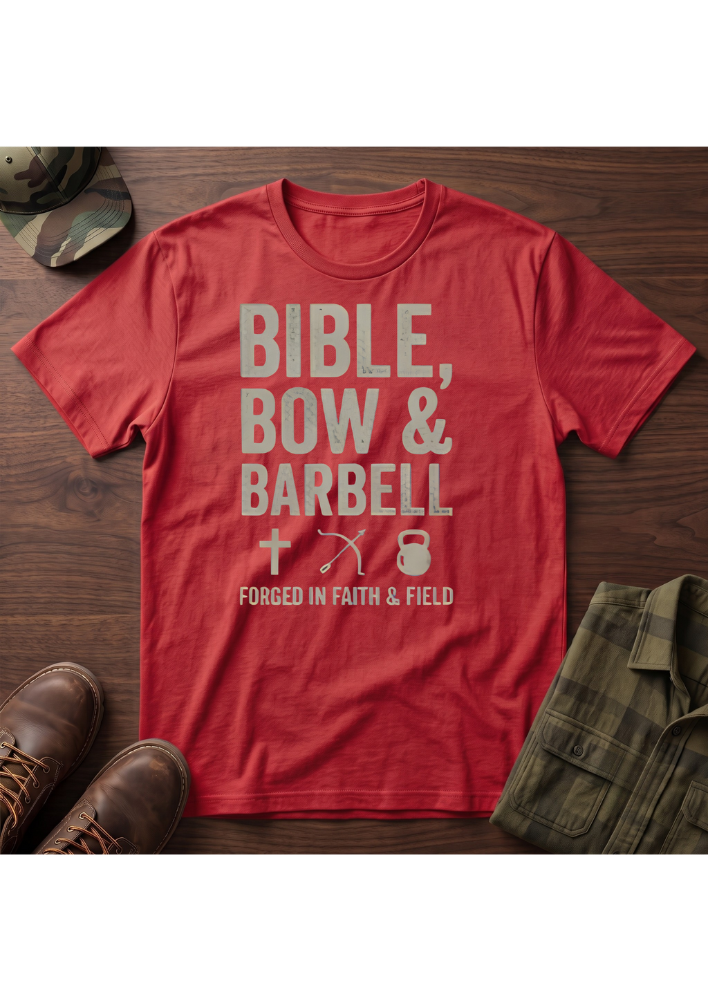 Bible, Bow & Barbell Forged in Faith and Field T-Shirt