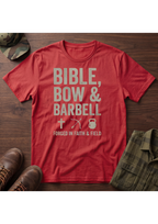 Bible, Bow & Barbell Forged in Faith and Field T-Shirt