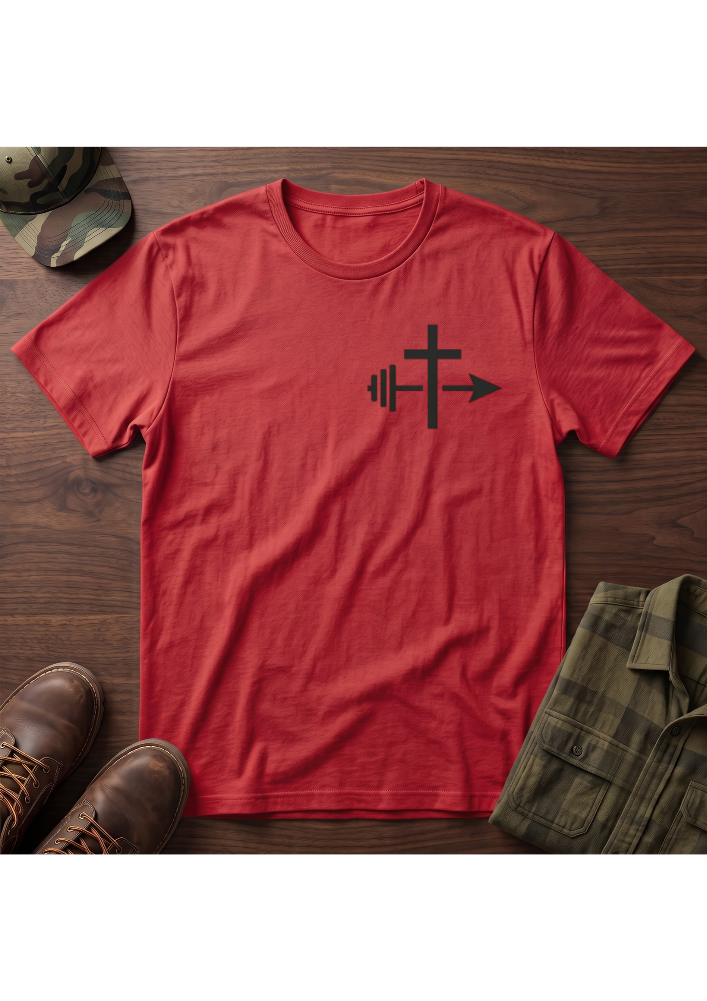 Cross and Barbell Chest Logo Only T-Shirt | Faith Fitness Tee