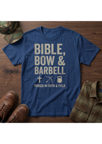 Bible, Bow & Barbell Forged in Faith and Field T-Shirt