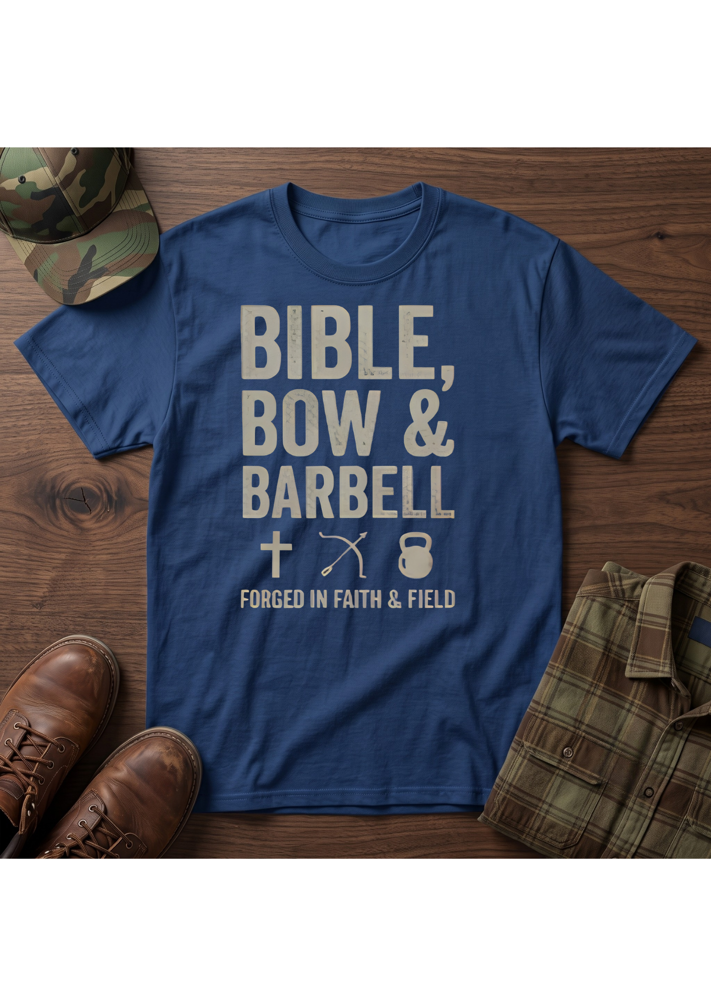 Bible, Bow & Barbell Forged in Faith and Field T-Shirt